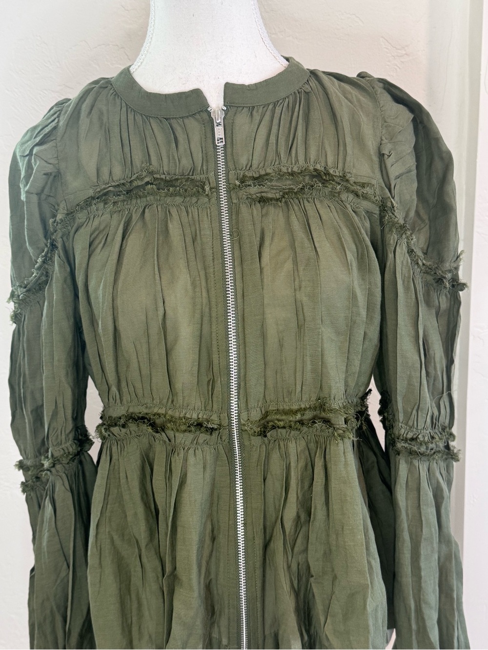 Anthropologie NWT Olive Green Ruffle Zip Front Blouse Top Size M - Picture 2 of 9